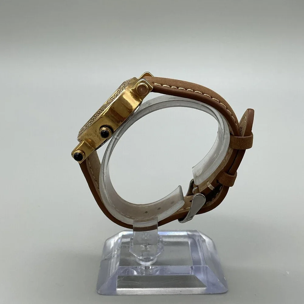 Starlink Womens Watch 38mm Gold Tone Heart Diamond Bezel Leather New Battery